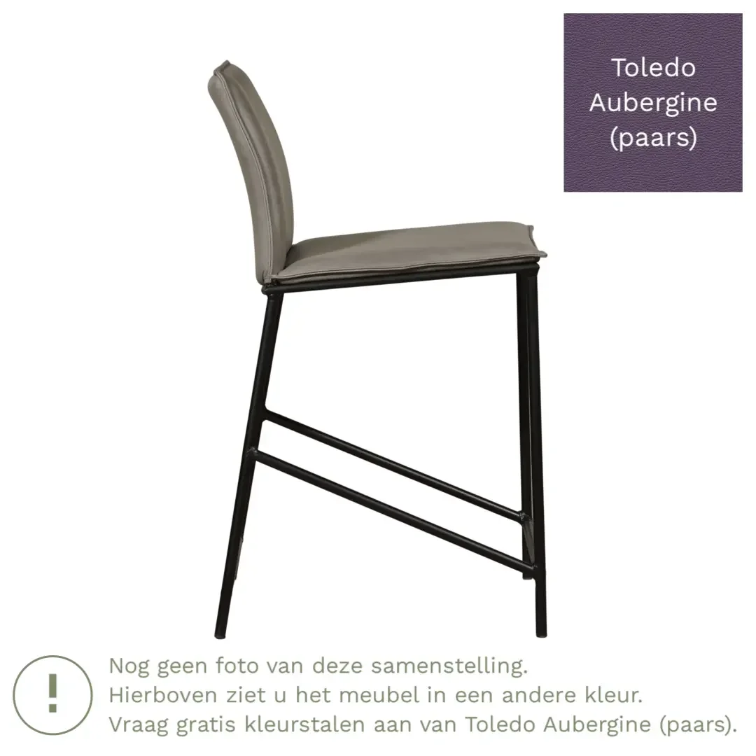 afbeelding van Leren barkruk laag Favor - Toledo Aubergine (paars) - poten staal rond zwart